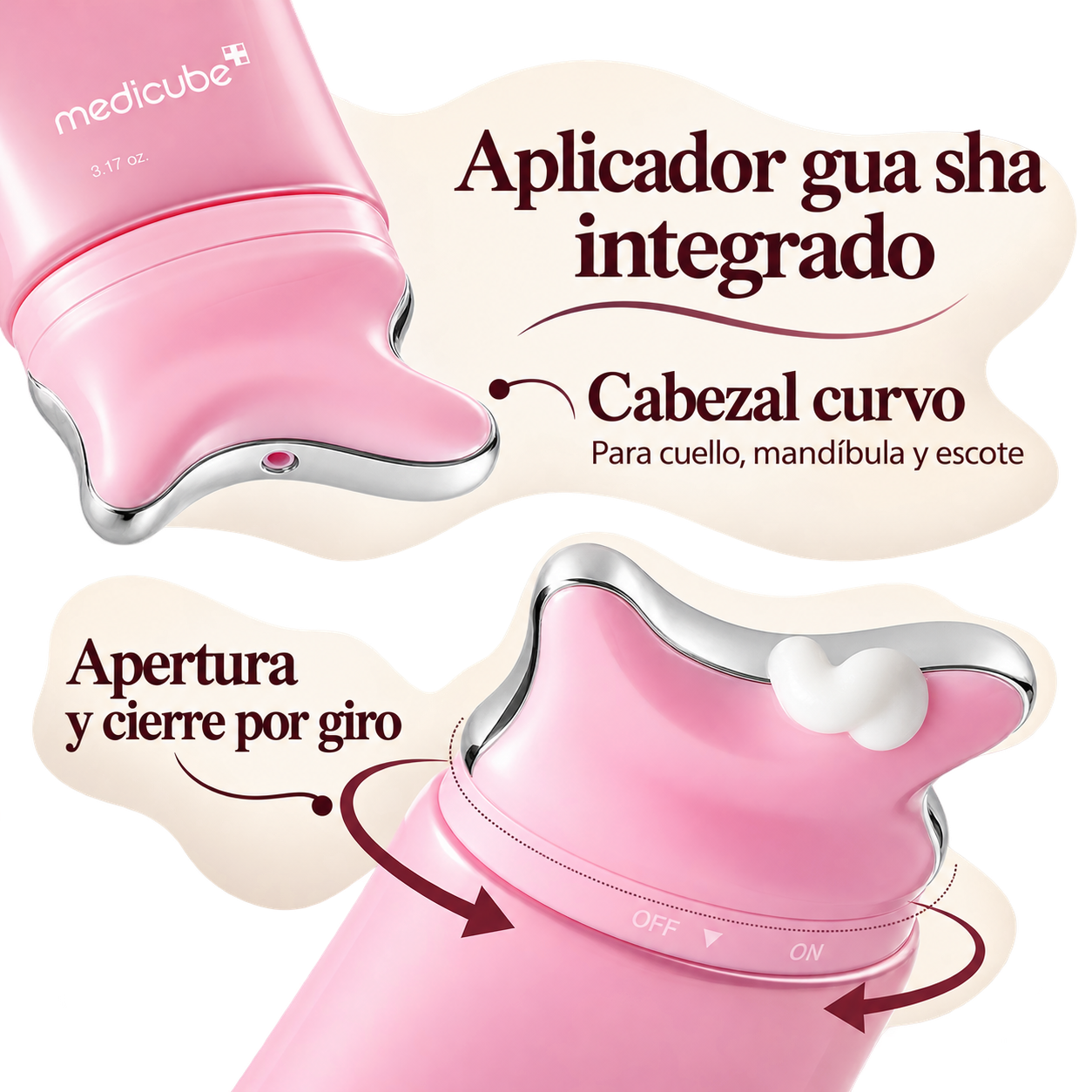 Primer plano del cabezal gua sha rosa con contorno reflectante y su apertura por giro