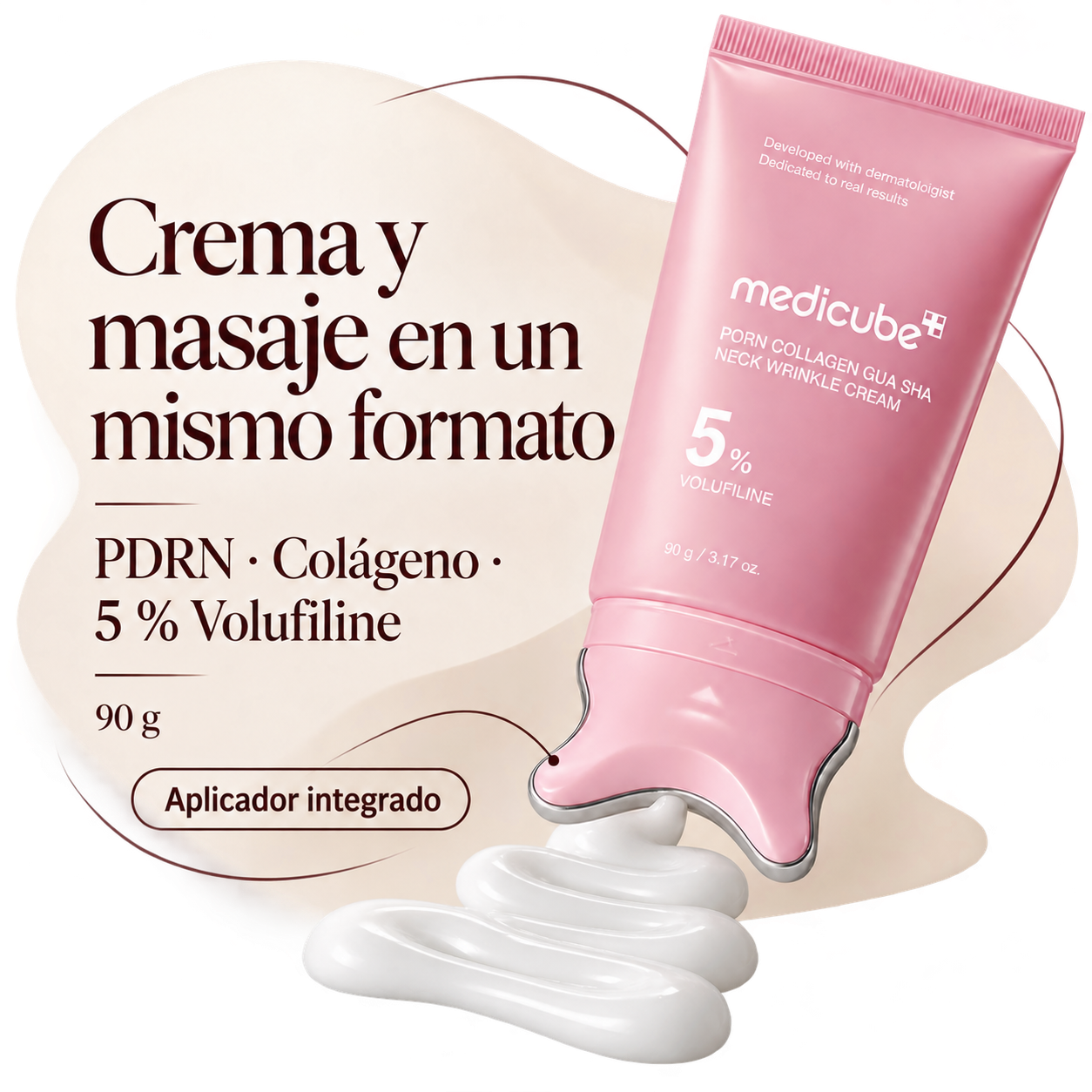 Tubo rosa Medicube con crema ilustrativa saliendo del cabezal