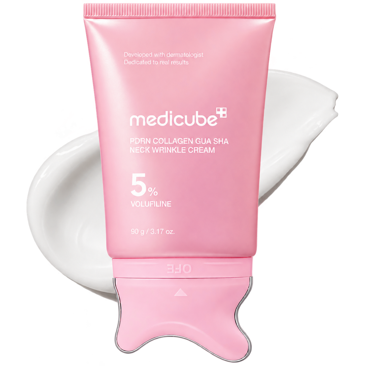Tubo rosa Medicube PDRN Collagen Gua Sha Neck Wrinkle Cream de 90 g, de frente, junto a una muestra ilustrativa de crema