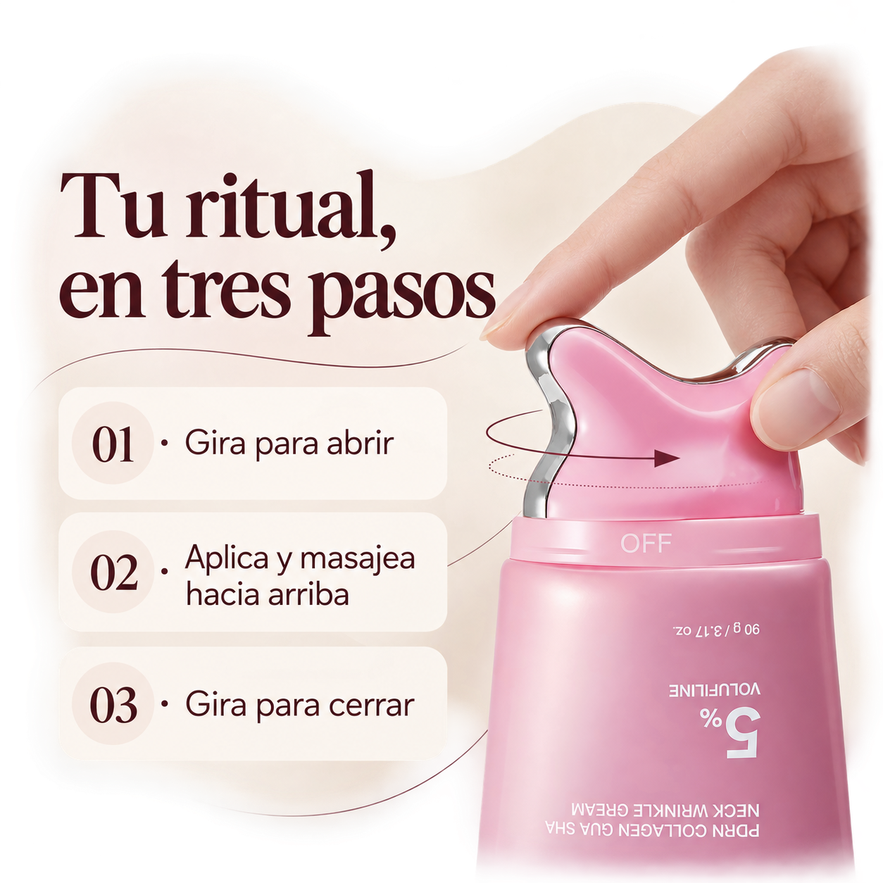 Una mano gira el cabezal rosa del tubo: gira para abrir, aplica y masajea hacia arriba, gira para cerrar