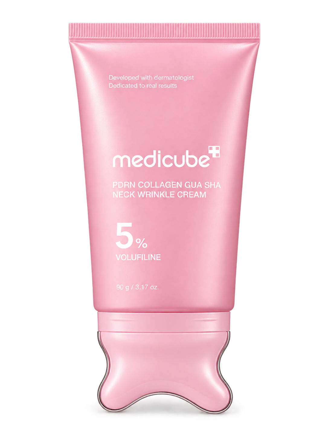 Tubo rosa Medicube PDRN Collagen Gua Sha Neck Wrinkle Cream de 90 g, de frente, con su cabezal gua sha rosa